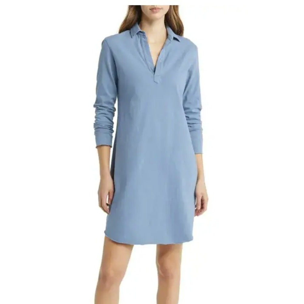 Frank & Eileen Nicole Long Sleeve Popover Dress Dusty‎ Blue 100% Cotton Sz S